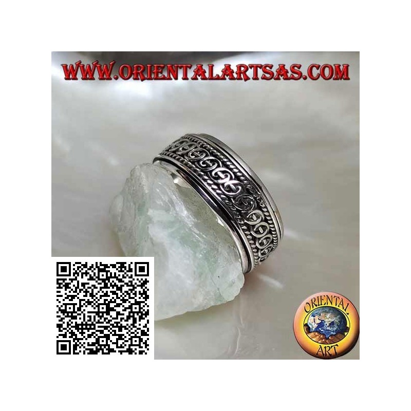 Anillo de plata giratorio antiestrés, semicírculos entrelazados entre cordones