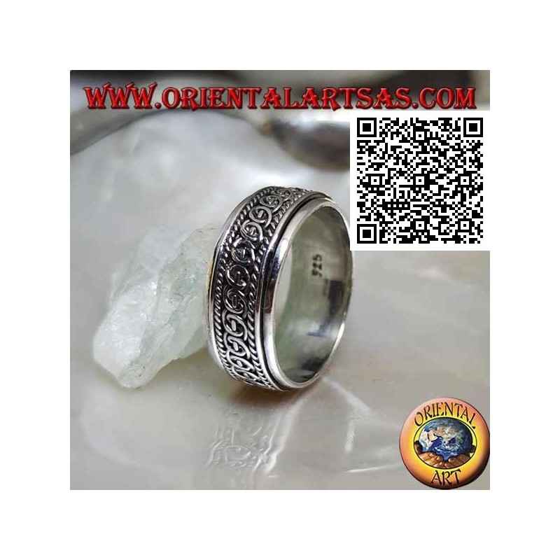 Anillo de plata giratorio antiestrés, semicírculos entrelazados entre cordones