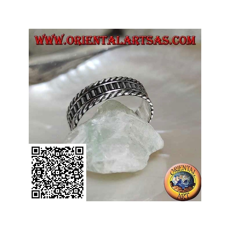 Silver ring with vertical segments between rolled cords