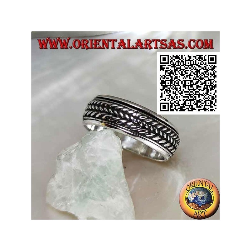 Anti-stress rotating silver band ring, triple rolled cord
