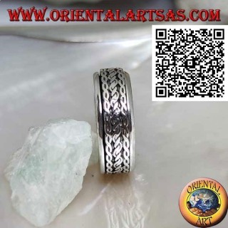 Anello fedina in argento girevole antistress, cordino arrotolato tra intreccio