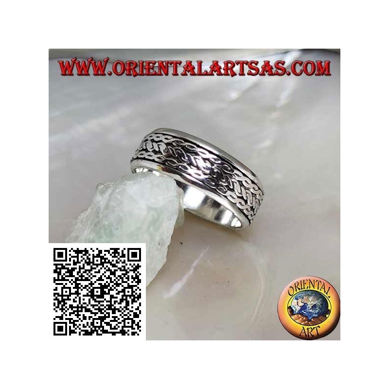Anti-stress rotating silver band ring, cord rolled between intertwining