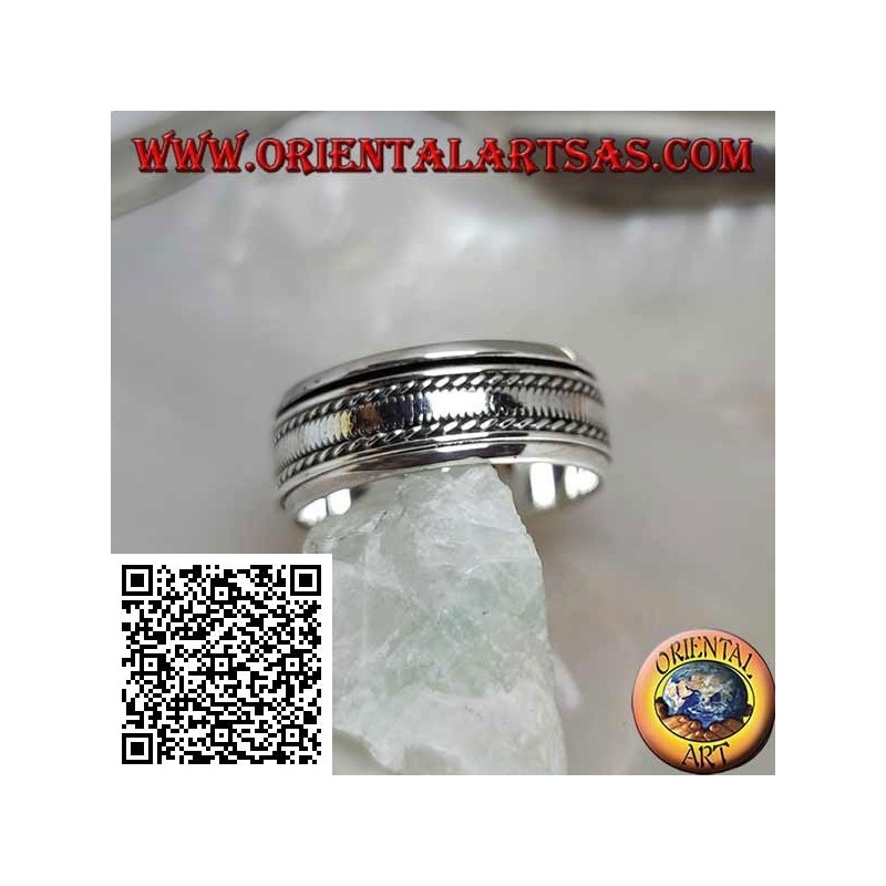 Anello fedina in argento girevole antistress, con fascetta liscia tra intrecci