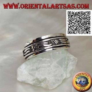 Anti-stress rotating silver ring, with stars, moons and strip in bas-relief