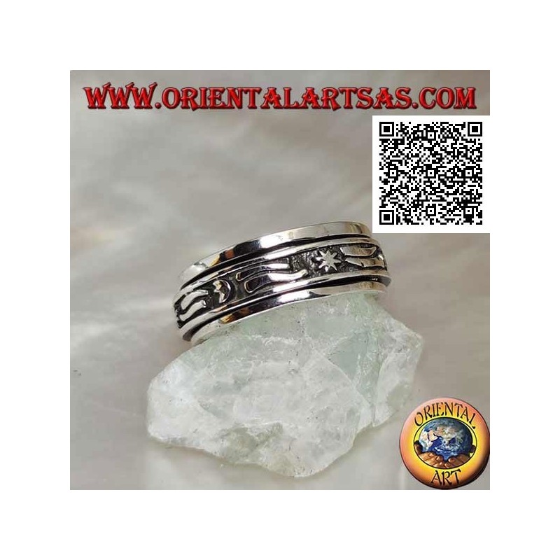 Bague en argent tournante anti-stress, avec étoiles, lunes et bande en bas-relief