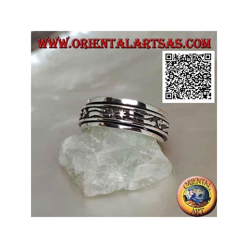 Bague en argent tournante anti-stress, avec étoiles, lunes et bande en bas-relief