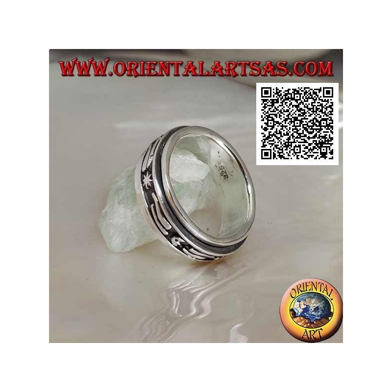Bague en argent tournante anti-stress, avec étoiles, lunes et bande en bas-relief