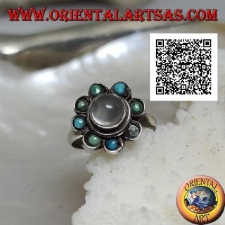Bague en argent marguerite avec une pierre de lune cabochon ronde entourée de turquoise