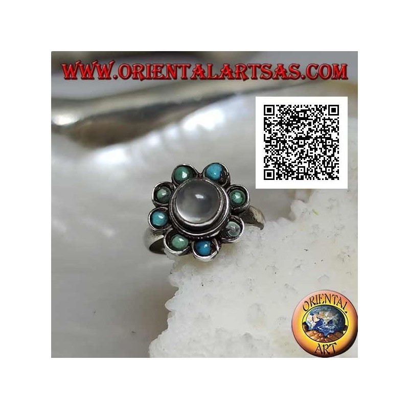 Anillo de plata margarita con piedra de luna redonda cabujón rodeada de turquesa