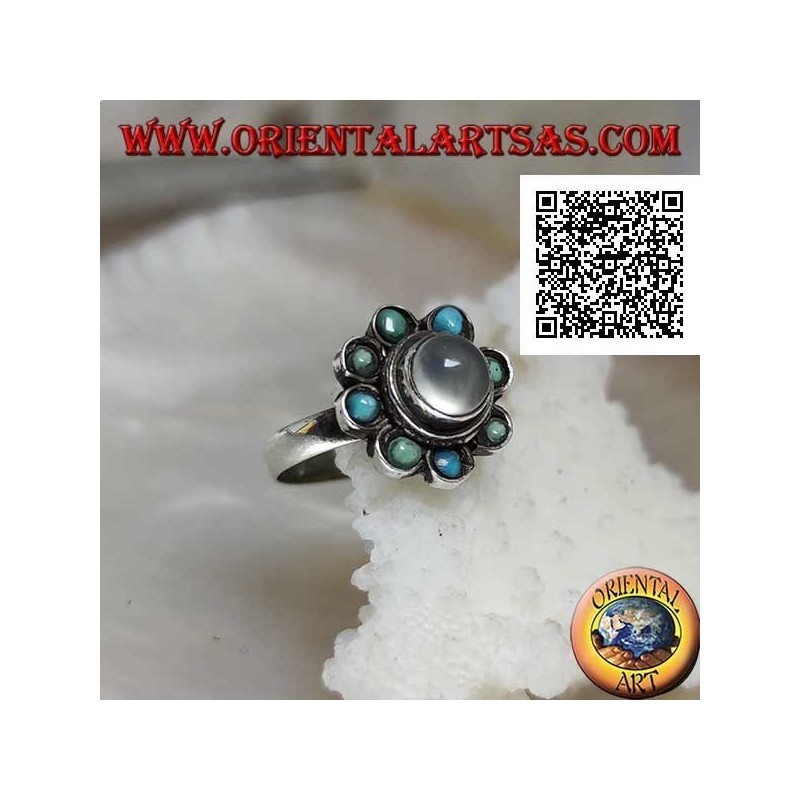 Anillo de plata margarita con piedra de luna redonda cabujón rodeada de turquesa
