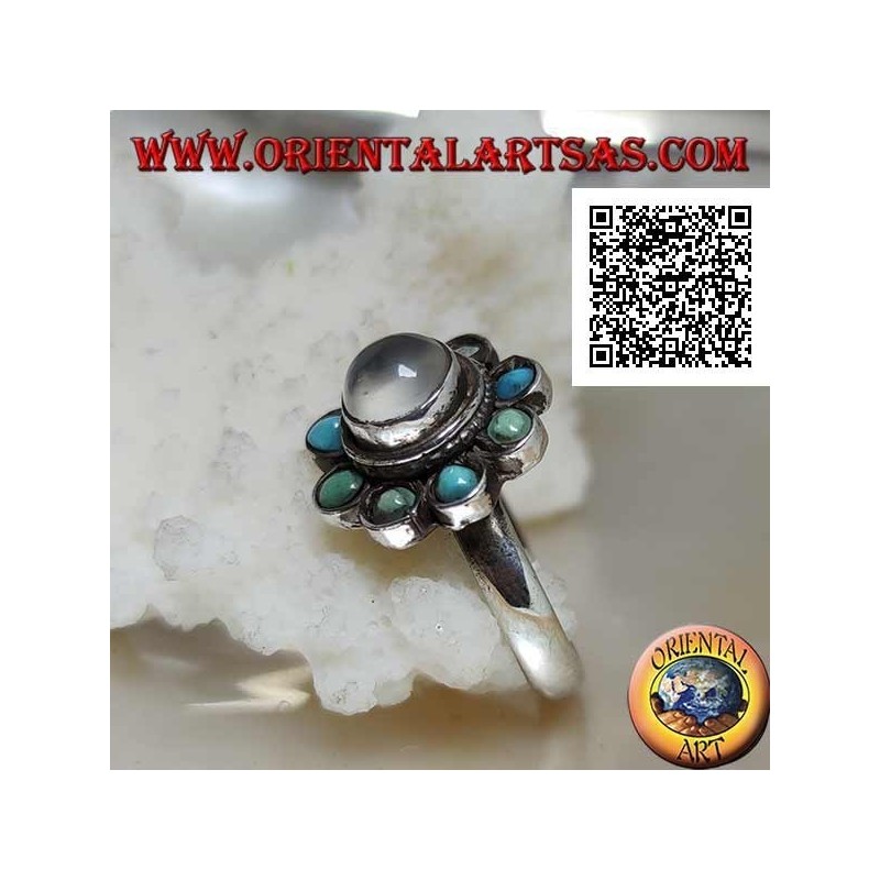 Anillo de plata margarita con piedra de luna redonda cabujón rodeada de turquesa