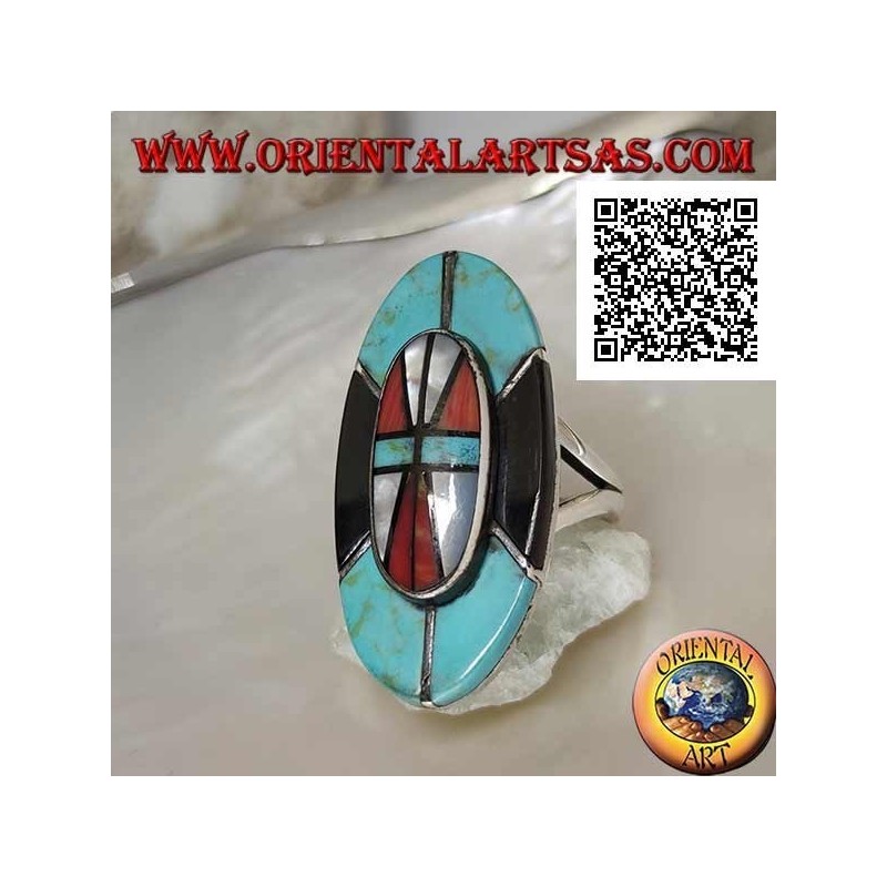 Anello in argento a scudo dei nativi indiani d'America a mosaico di turchese, onice, madreperla e corallo