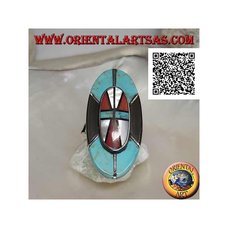 Silver Native American Indian shield ring in turquoise, onyx, mother of pearl and coral mosaic