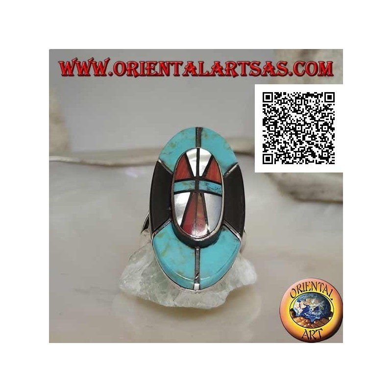 Silver Native American Indian shield ring in turquoise, onyx, mother of pearl and coral mosaic