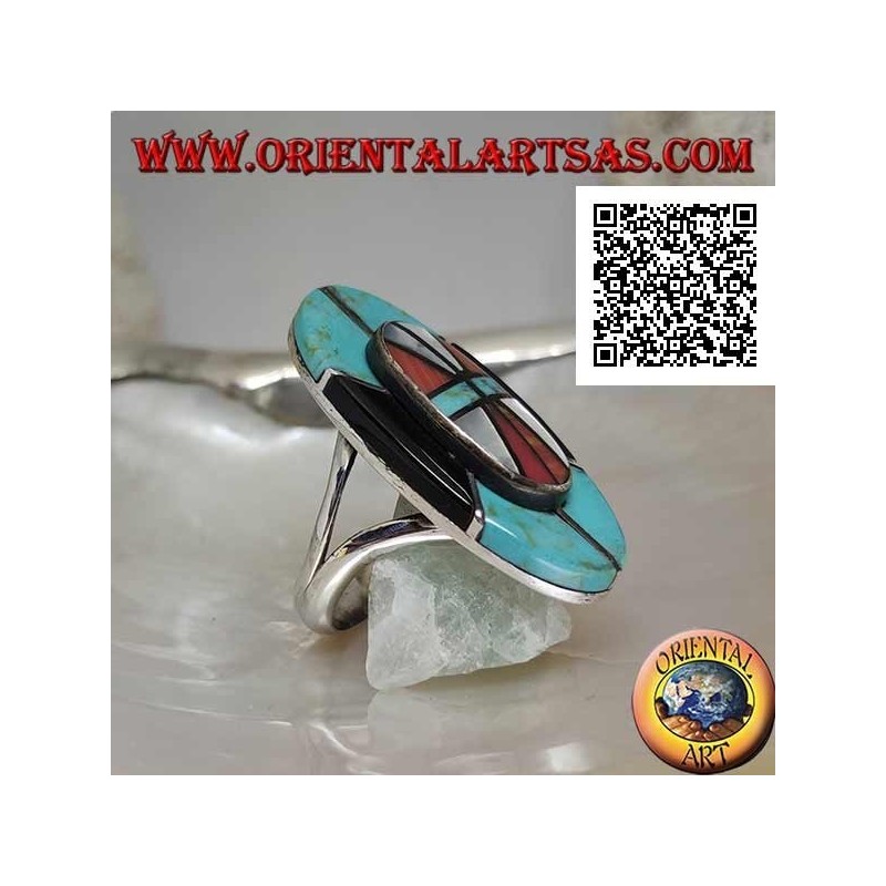 Silver Native American Indian shield ring in turquoise, onyx, mother of pearl and coral mosaic