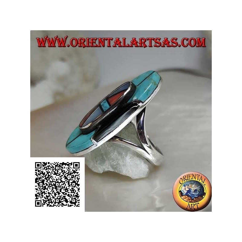 Silberner indianischer Schildring aus Türkis, Onyx, Perlmutt und Korallenmosaik