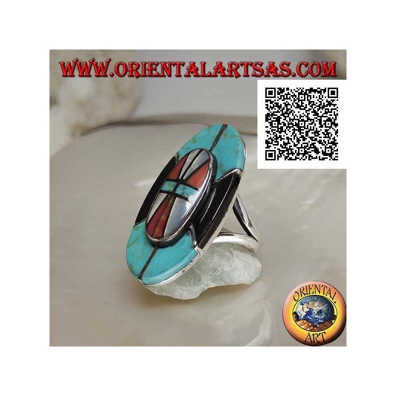 Anello in argento a scudo dei nativi indiani d'America a mosaico di turchese, onice, madreperla e corallo