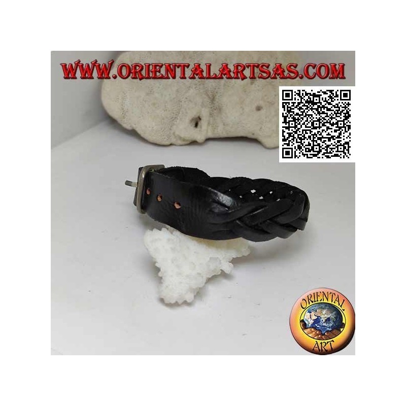 Bracciale in vero cuoio, treccia di 5 fili con chiusura a fibbia e 5 lunghezze (nero)