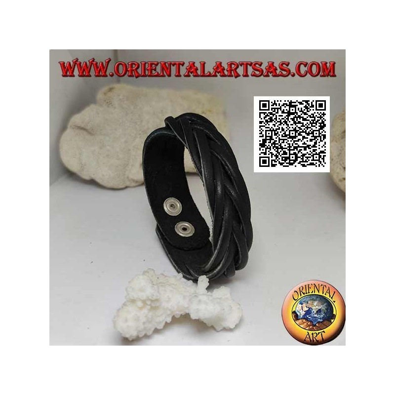 Bracelet en cuir véritable, tresse 7 brins avec fermeture à clip et 2 longueurs (noir)