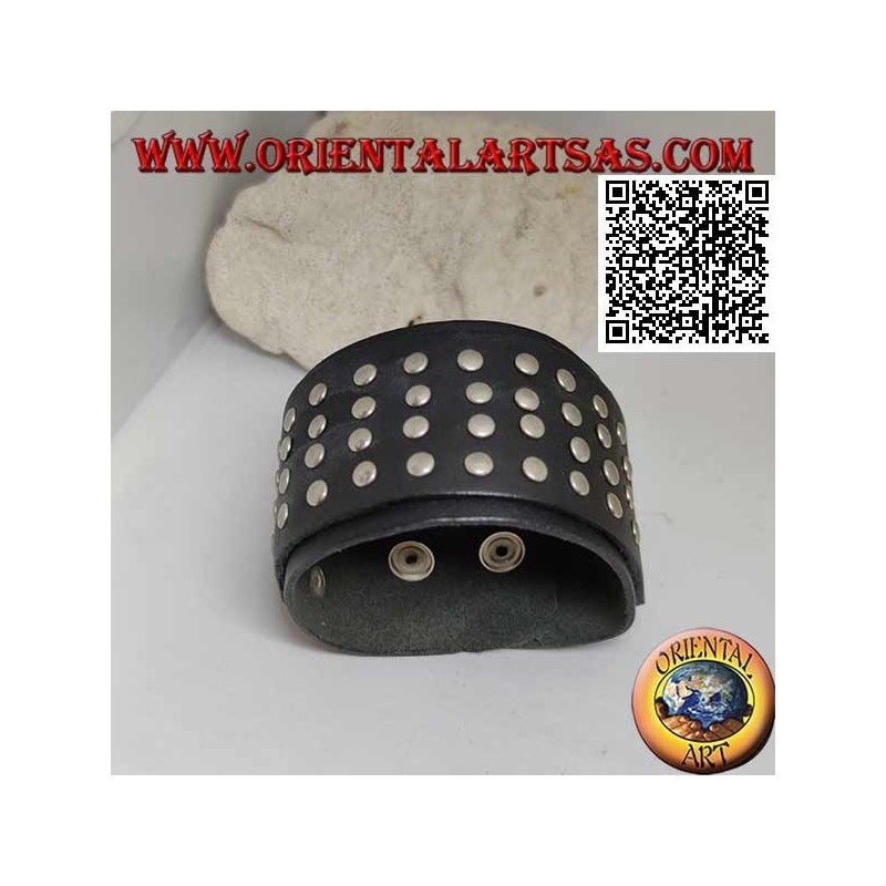 Bracelet large en cuir véritable, 4 rangées de clous sur une fermeture à clip et 2 longueurs (noir)