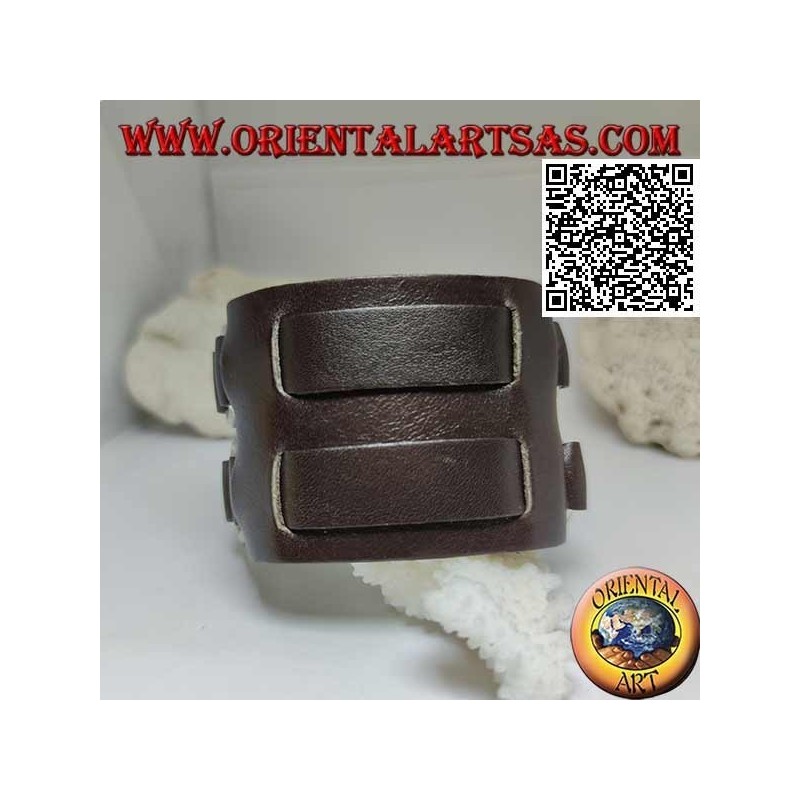 Bracciale largo in vero cuoio, doppia fascetta tra anelli con chiusura a fibbia e 5 lunghezze (marrone)