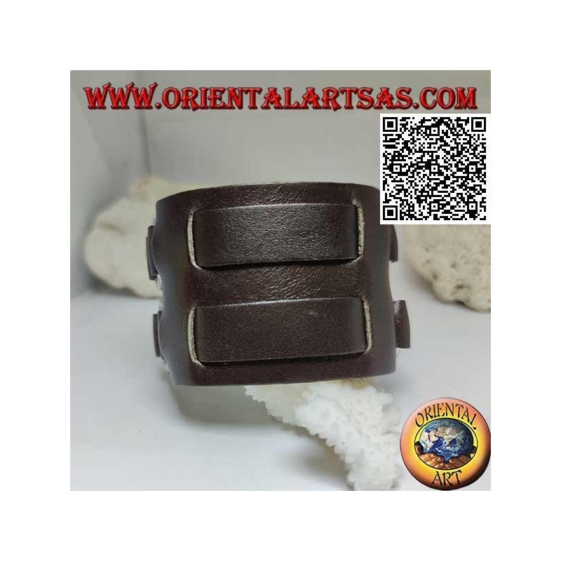 Bracciale largo in vero cuoio, doppia fascetta tra anelli con chiusura a fibbia e 5 lunghezze (marrone)