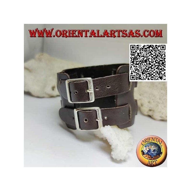 Bracciale largo in vero cuoio, doppia fascetta tra anelli con chiusura a fibbia e 5 lunghezze (marrone)
