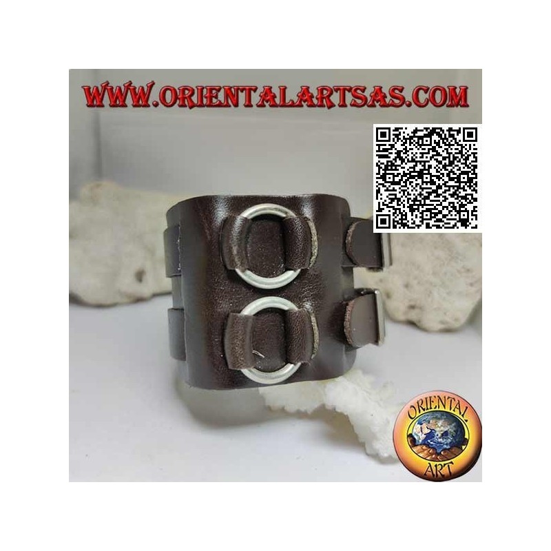Bracciale largo in vero cuoio, doppia fascetta tra anelli con chiusura a fibbia e 5 lunghezze (marrone)