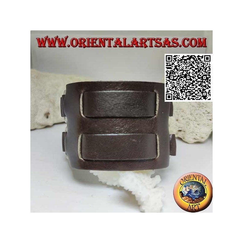 Bracciale largo in vero cuoio, doppia fascetta tra anelli con chiusura a fibbia e 5 lunghezze (marrone)