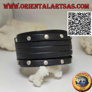 Bracelet large en cuir véritable, 5 brins cloutés et non cloutés sur une fermeture à clip et 2 longueurs (noir)