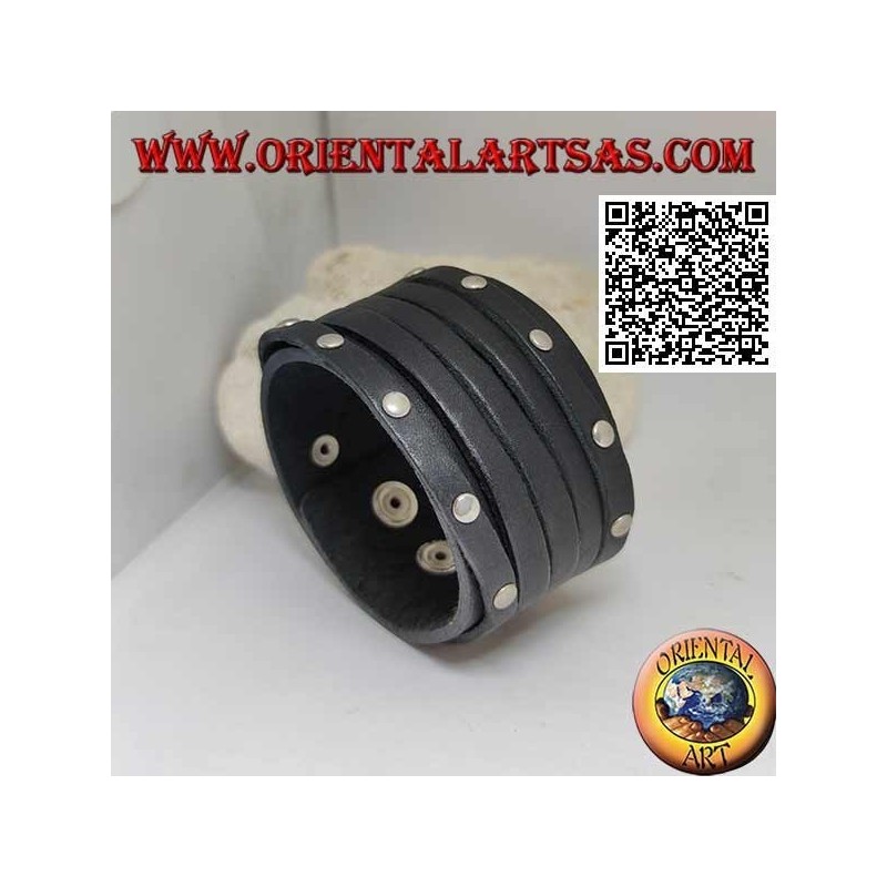 Pulsera ancha de cuero auténtico, 5 hebras tachonadas y sin tachuelas con cierre de clip y 2 longitudes (negro)