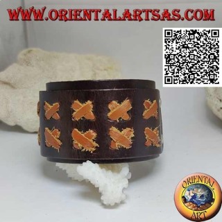 Wide bracelet in genuine leather, X in light leather on strap with clip closure and 2 lengths (brown)