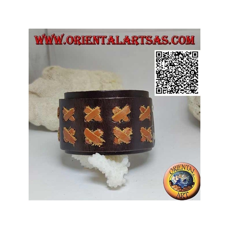 Pulsera ancha en cuero genuino, X en cuero claro con correa con cierre de clip y 2 largos (marrón)