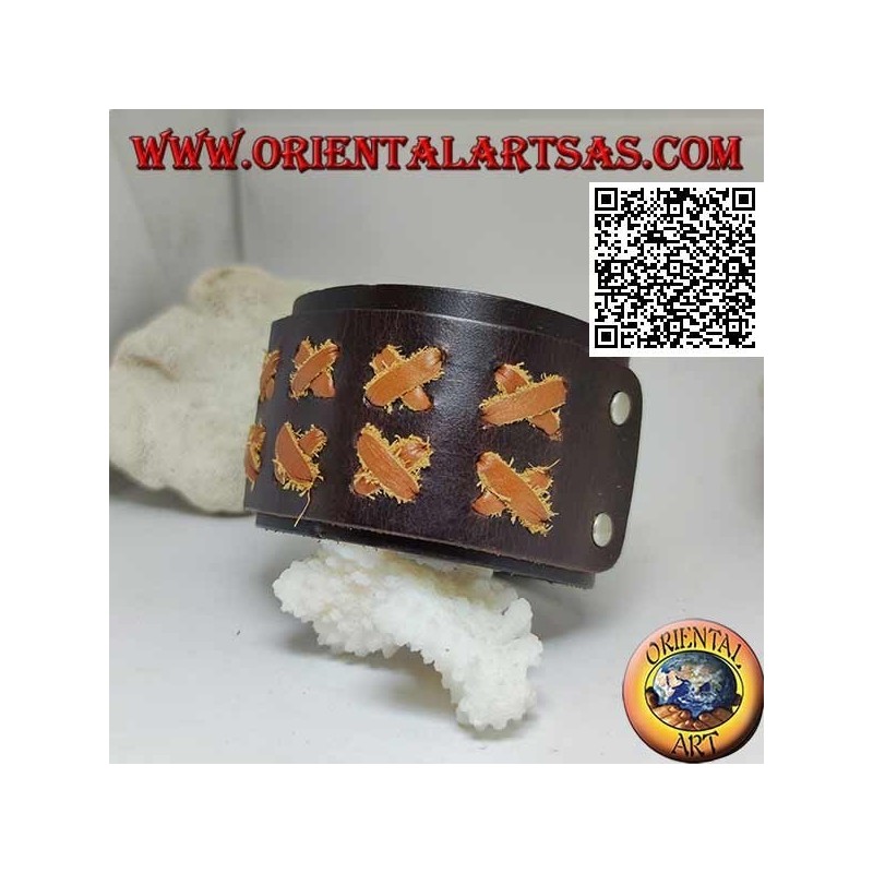 Pulsera ancha en cuero genuino, X en cuero claro con correa con cierre de clip y 2 largos (marrón)