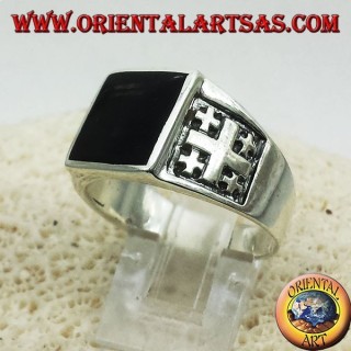 Anillo de la cruz de Jerusalén con Onyx Plata