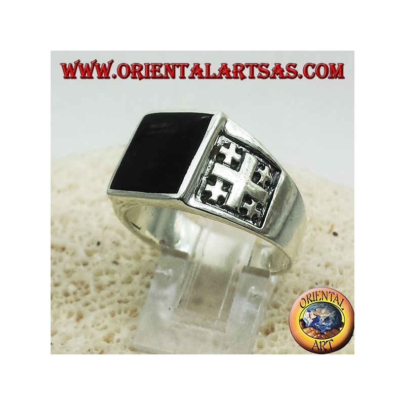 Anillo de la cruz de Jerusalén con Onyx Plata