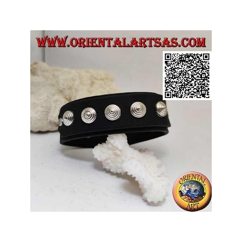 Genuine leather bracelet, conical studs on strap with clip closure and 2 lengths (black)