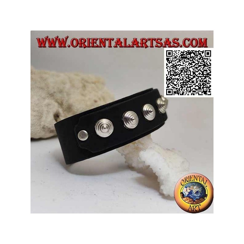 Genuine leather bracelet, conical studs on strap with clip closure and 2 lengths (black)