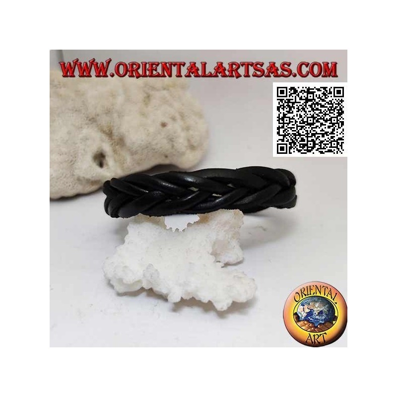 Bracelet en cuir véritable, tresse 5 fils avec fermeture à clip et 2 longueurs (noir)
