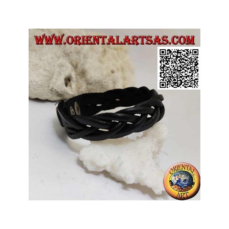 Genuine leather bracelet, 5-wire braid with clip closure and 2 lengths (black)