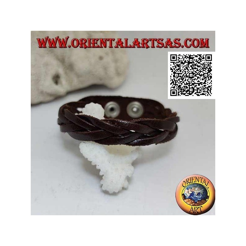 Bracciale in vero cuoio, treccia di 5 fili con chiusura a clip e 2 lunghezze (marrone)