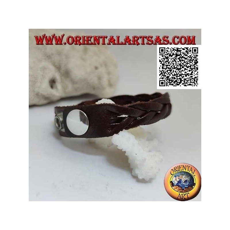 Bracelet en cuir véritable, tresse 5 brins avec fermeture à clip et 2 longueurs (marron)
