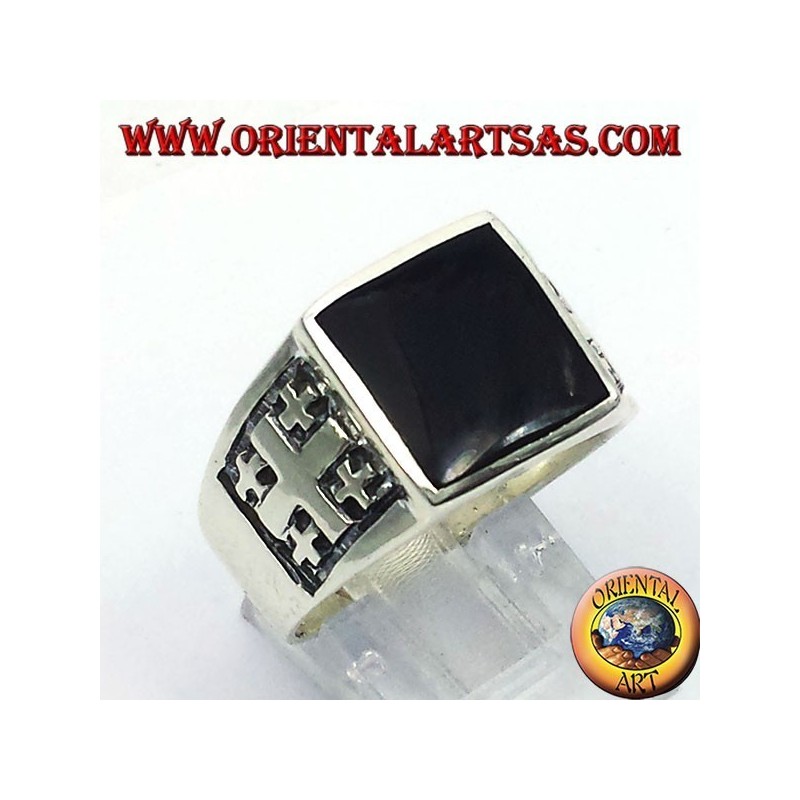 Ring Jerusalem Cross with Onyx Silver
