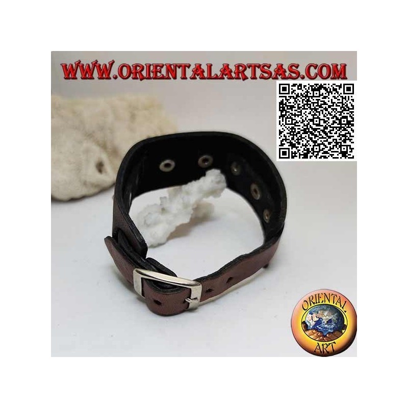 Genuine leather bracelet, conical studs and central band with buckle closure and 5 lengths (brown)
