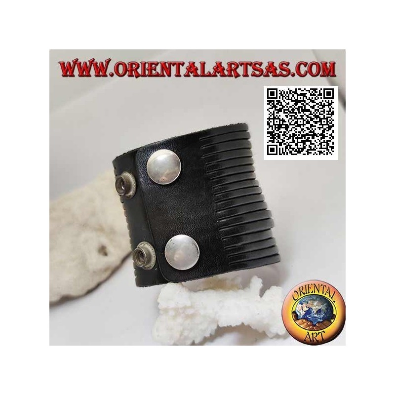 Pulsera ancha en piel auténtica, con rayas lisas con cierre de clip y 2 largos (negro)