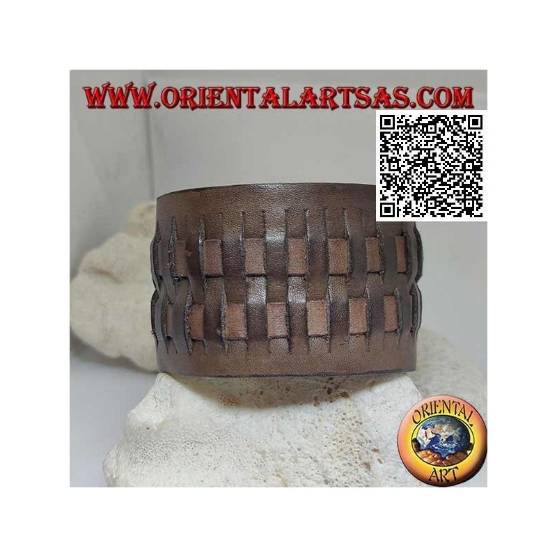 Bracciale largo in vero cuoio, a 2 intrecci in stile paglia con chiusura a clip e 2 lunghezze (marrone)