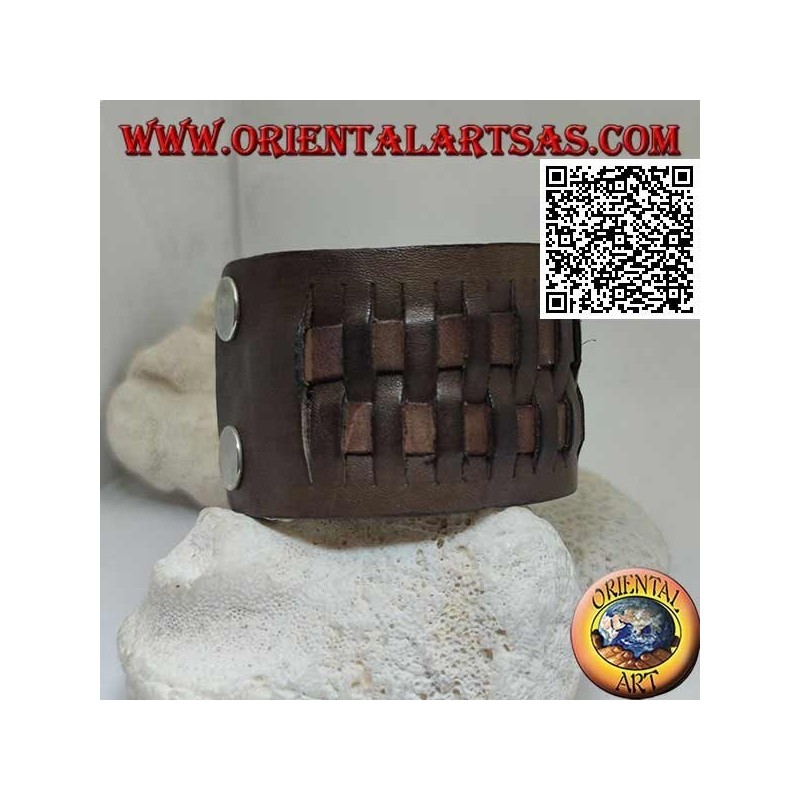 Breites Armband aus echtem Leder mit 2 Geweben im Strohstil mit Clipverschluss und 2 Längen (braun)
