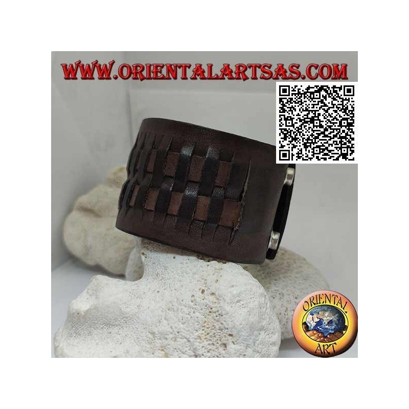 Bracciale largo in vero cuoio, a 2 intrecci in stile paglia con chiusura a clip e 2 lunghezze (marrone)
