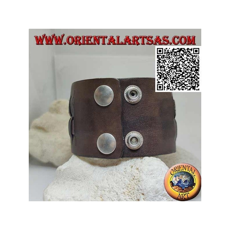 Bracelet large en cuir véritable, avec 2 tissages en style paille avec fermeture à clip et 2 longueurs (marron)