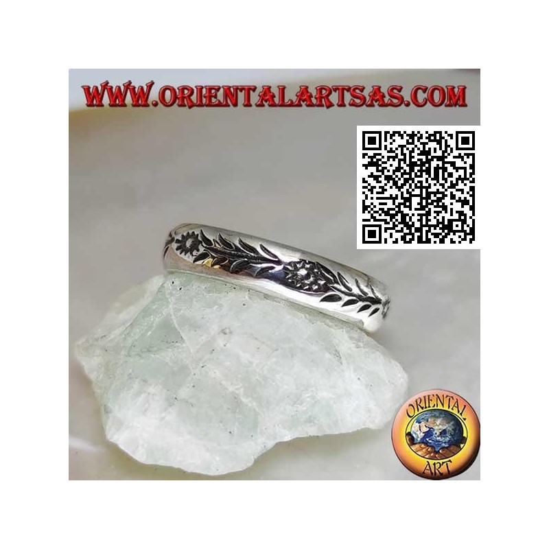 Bague en argent avec tournesols et tiges gravés